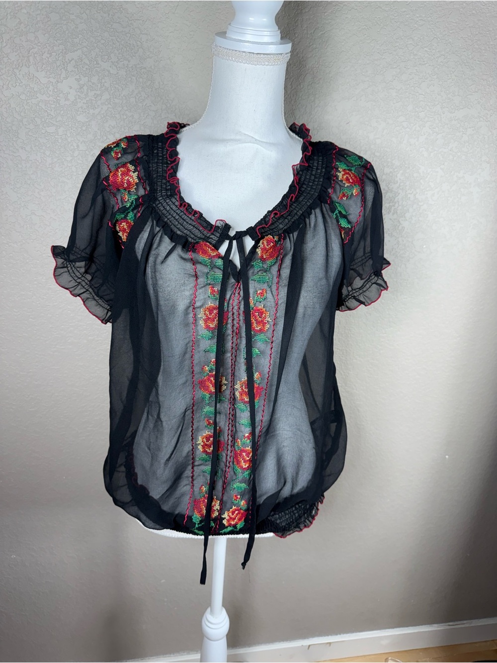 Forever 21 Black Sheer Floral-Embroidered Tie Front Blouse